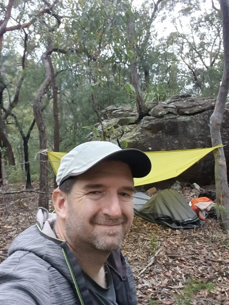 Saul Richardson at campsite in the Jamison Valley