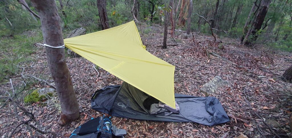 Campsite in the Jamison Valley with OR Helium Bivy and Sea To Summit poncho tarp